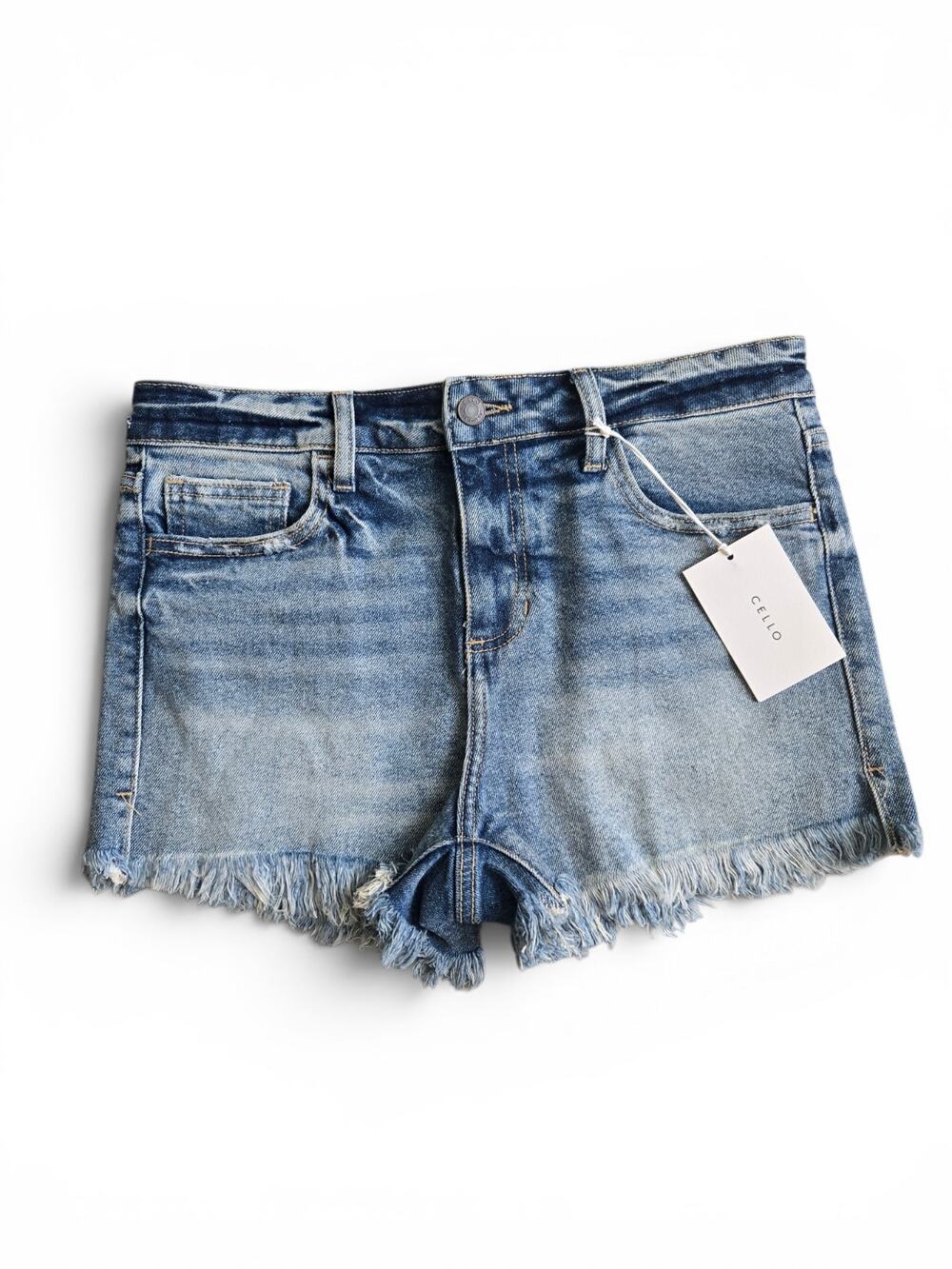 NWT Cello High Rise Fray Hem Denim Shorts Medium Light Wash